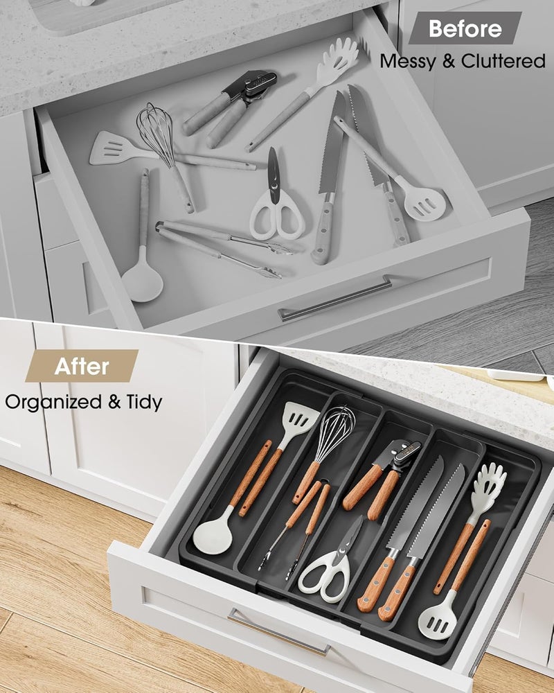 AUJEN Silverware Organizer - Expandable Kitchen Drawer Organizer, Adjustable Utensil Organizer, Cutlery Tray for Forks, Knives, Multipurpose Kitchen Organizers and Storage Solution, Black, X-Large - Image 3